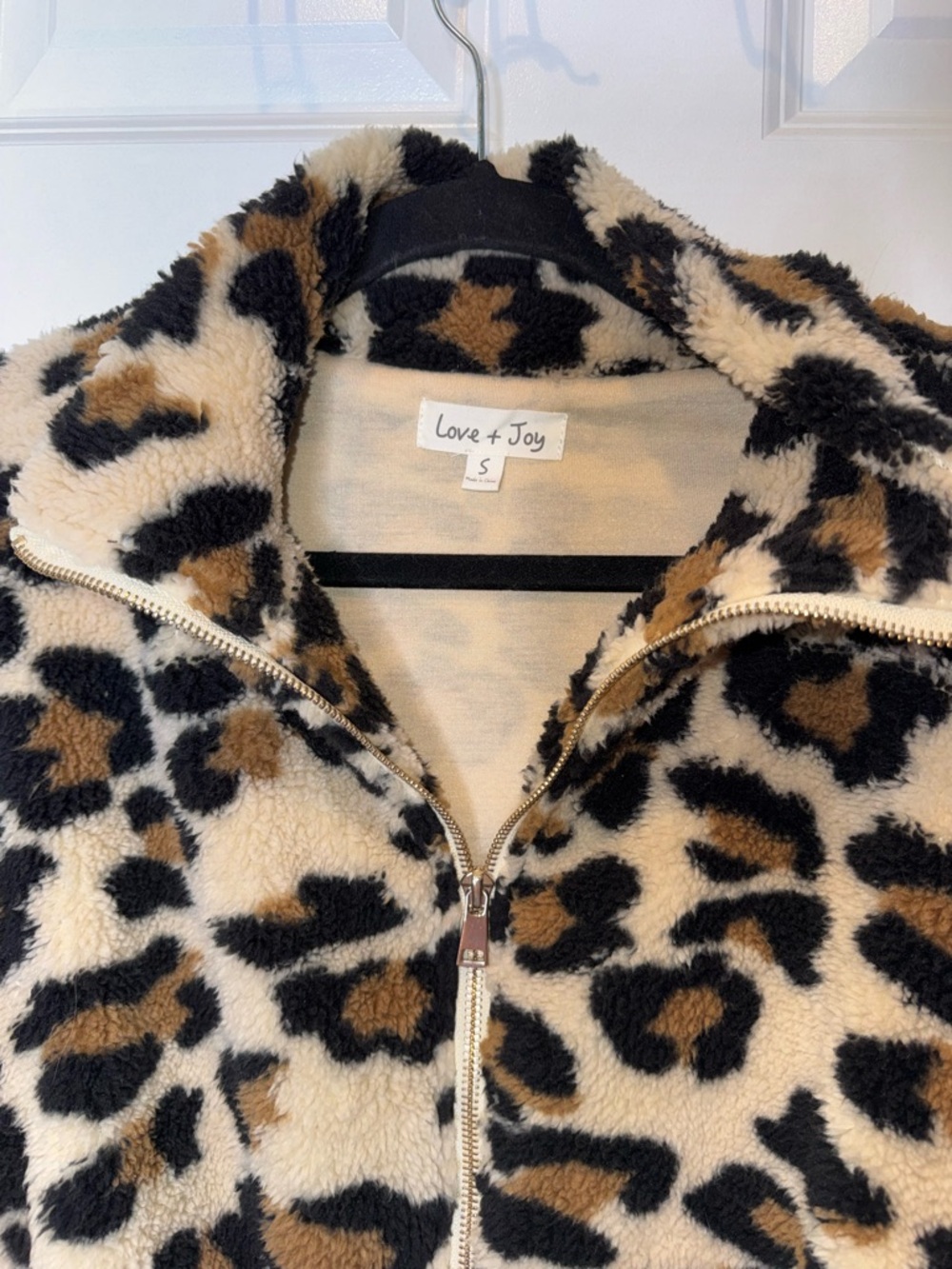 Leopard Print Teddy Zip-Up Jacket - Beige/Black/Brown - Picture 4 of 5